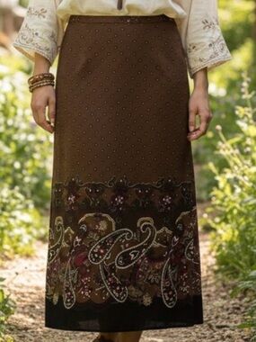 Notations XL Brown Boho Paisley Print Straight Maxi Skirt Slit Y2K